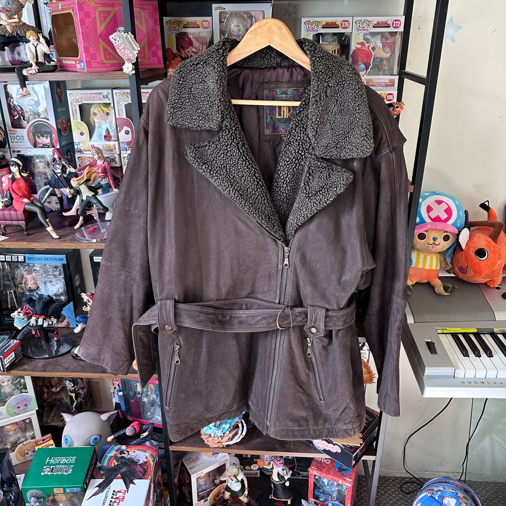 Vintage LNR Leather Shearling Jacket Belted Brown Women’s Size L